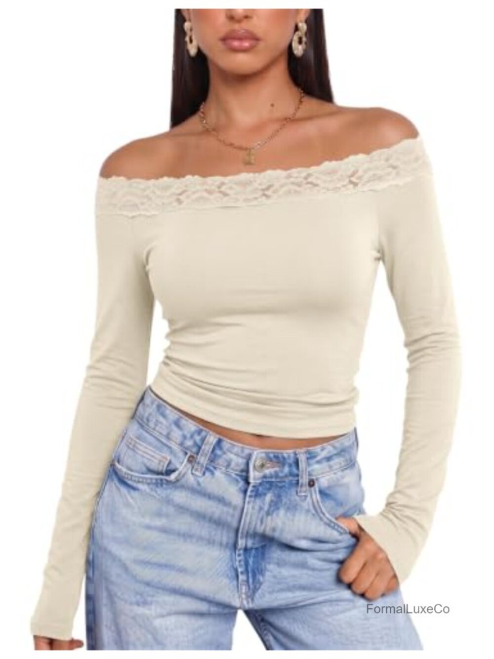 Women's Off Shoulder Long Sleeve Lace Trim Knit Top